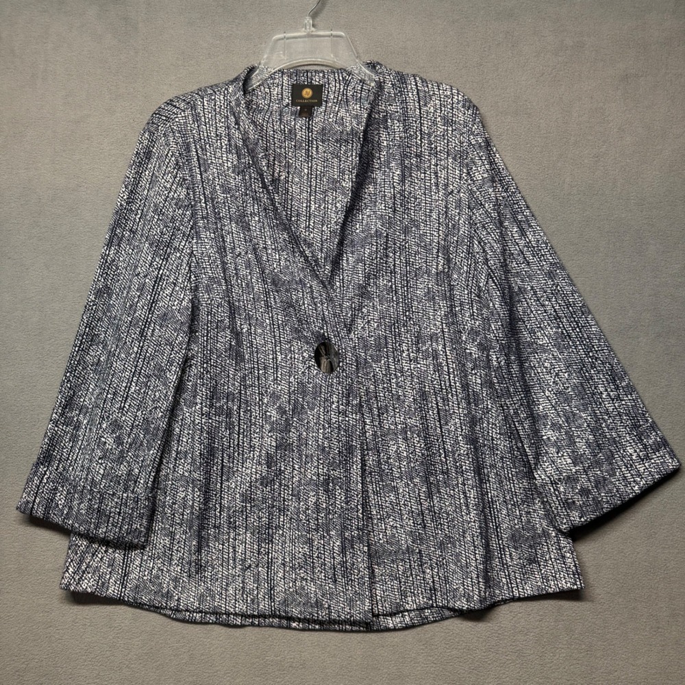 JM Collection Loose Flare Fit Blazer Jacket Navy Blue White Knit Single Button M